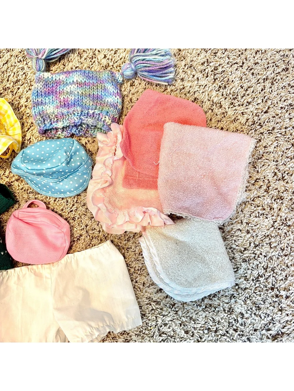 Vintage Doll Clothes & Accessories Lot – Mixed Outfits, Hats, Sweaters, Blankets